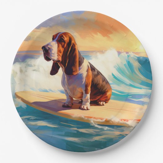 Basset Hound Strand Surfen Schilderij Papieren Bordje (Voorkant)