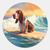 Basset Hound Strand Surfen Schilderij Ronde Sticker (Voorkant)