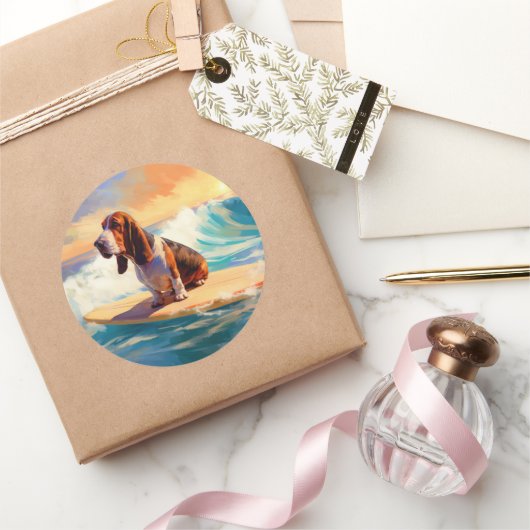 Basset Hound Strand Surfen Schilderij Ronde Sticker (Geschenken)