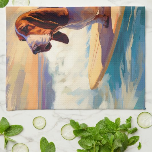 Basset Hound Strand Surfen Schilderij Theedoek (Gevouwen)