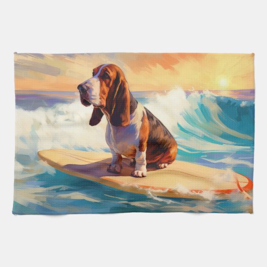 Basset Hound Strand Surfen Schilderij Theedoek (Horizontaal)