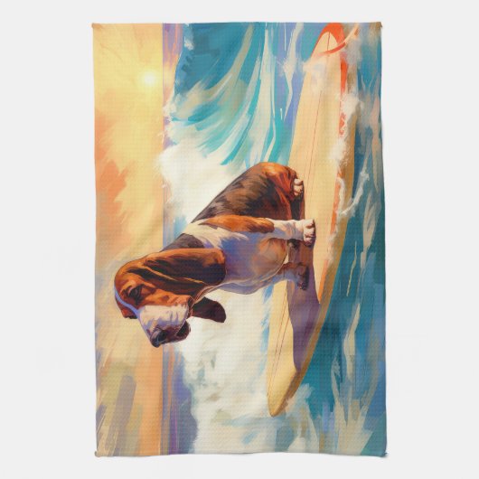 Basset Hound Strand Surfen Schilderij Theedoek (Verticaal)