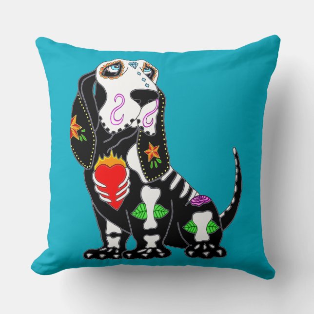 Basset Hound Sugar Skull Kussen (Voorkant)