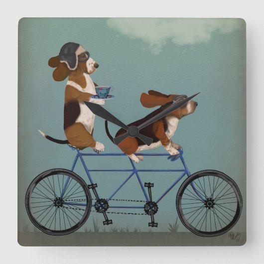 Basset Hound Tandem Vierkante Klok (Voorkant)