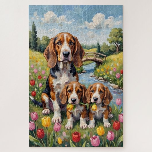 Basset Hound Tulpenweide Kunst Legpuzzel (Verticaal)