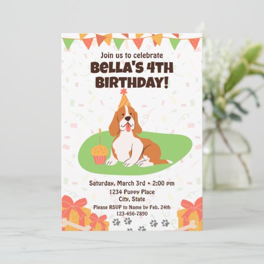 Basset Hound Uitnodiging voor verjaardag (Staand voorkant)