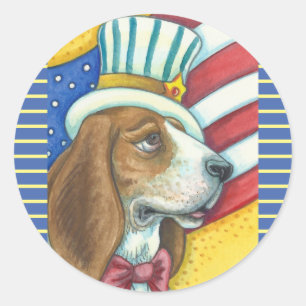 BASSET HOUND UNCLE SAM, DOG STICKERS Rnd. * Blad