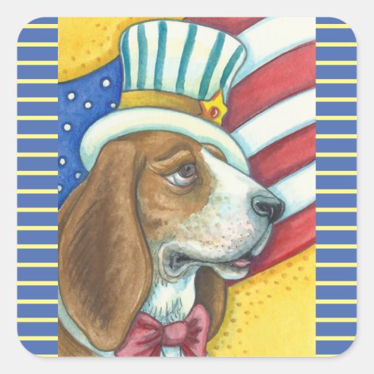BASSET HOUND UNCLE SAM, DOG STICKERS Squ. * Blad (Voorkant)