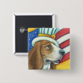 BASSET HOUND UNCLE SAM, PATRIOTIC DOG BUTTON Squ (Voorkant /achterkant)