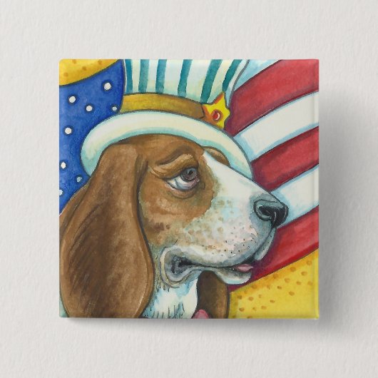 BASSET HOUND UNCLE SAM, PATRIOTIC DOG BUTTON Squ (Voorkant)