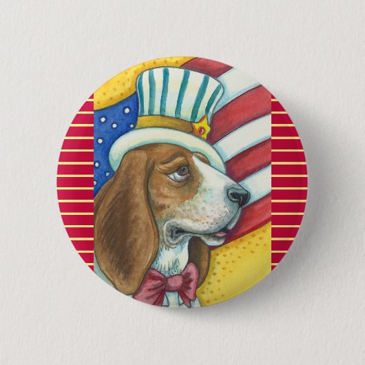 BASSET HOUND UNCLE SAM, PATRIOTISCHE DOG BUTTON Ro (Voorkant)