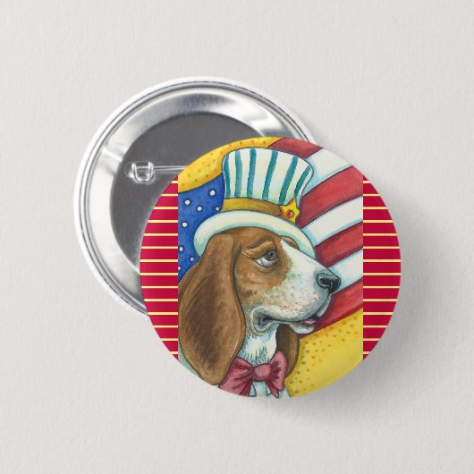 BASSET HOUND UNCLE SAM, PATRIOTISCHE DOG BUTTON Ro (Voorkant /achterkant)
