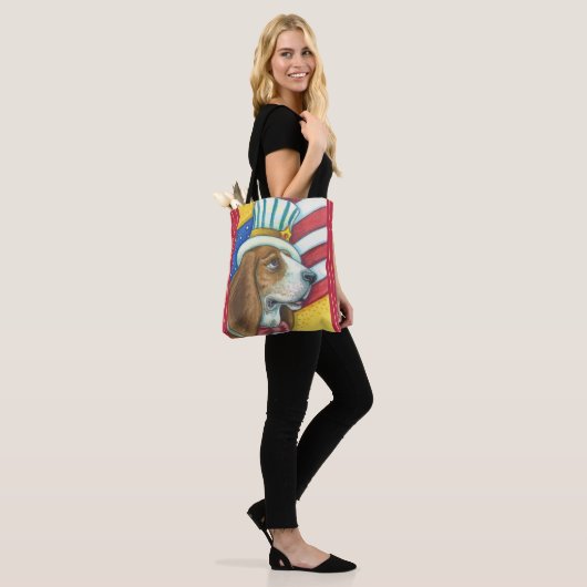 BASSET HOUND UNCLE SAM, PATRIOTISCHE DOG CANVAS TA TOTE BAG (Op model)