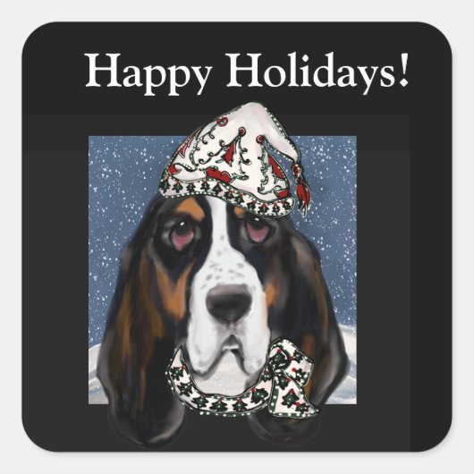 BASSET. HOUND  VIERKANTE STICKER (Voorkant)