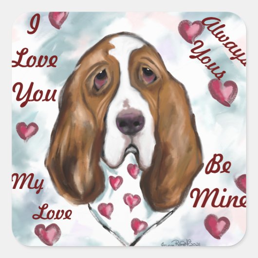 BASSET HOUND VIERKANTE STICKER (Voorkant)