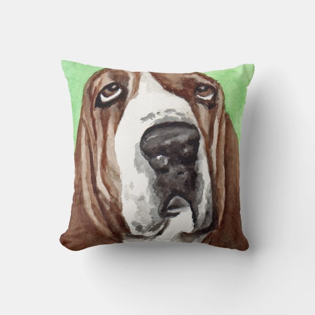 Basset Hound Waterverf Art Kussen (Voorkant)