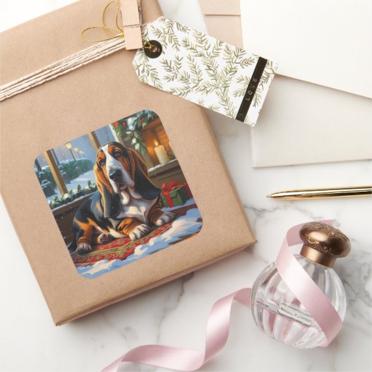 Basset Hound With Christmas Lights Holiday  Vierkante Sticker (Geschenken)