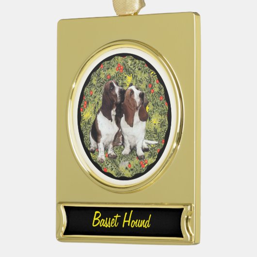 Basset Hound Wreath Verguld Banner Ornament (Links)