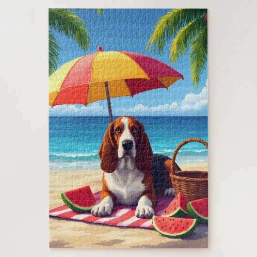Basset Hound Zomer Strand Scène Legpuzzel (Verticaal)