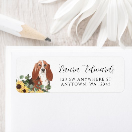 Basset Hound Zonnebloem Eucalyptus Retouradres Etiket (Insitu)