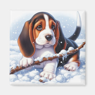 Basset Puppy Speelt Met Een Stok In Wintersneeuw Magneet