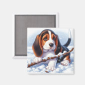 Basset Puppy Spelen Met Een Stok In De Wintersneeu Magneet (Voorkant / Achterkant)