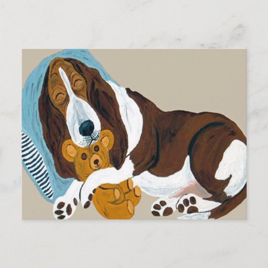 Basset slaapt met teddybeer briefkaart (Voorkant)