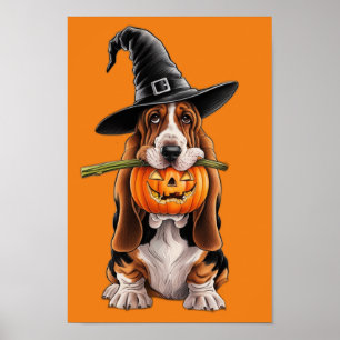bassethond met pompoen in de mond poster