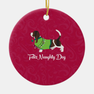 Bassett Hound Kerstmis Feliz Naughty Dog Keramisch Ornament