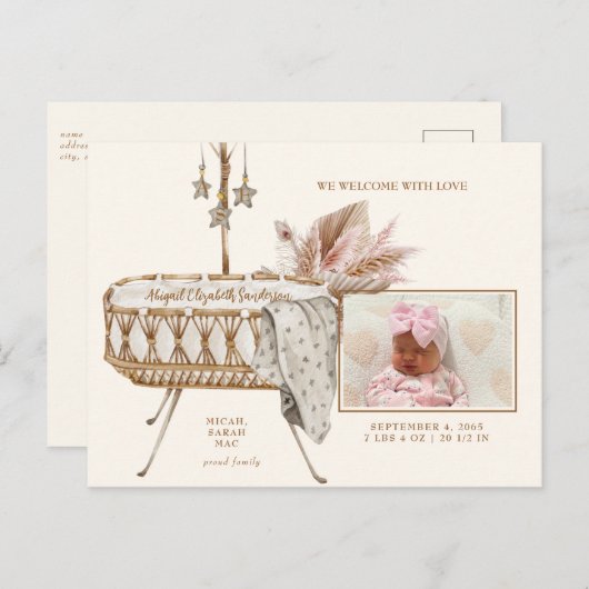  Bassinet Pampas Foto geboorteaankondiging Briefkaart (Voorkant / Achterkant)