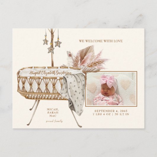  Bassinet Pampas Foto geboorteaankondiging Briefkaart (Voorkant)