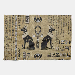 Bastet - Egyptische katten en Ankh Cross Theedoek
