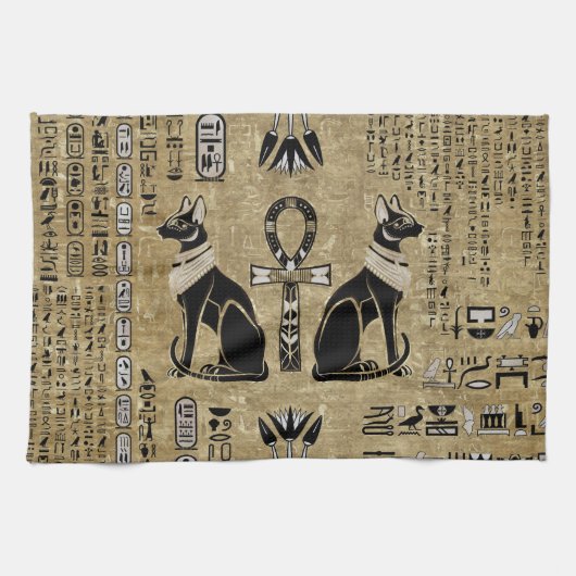 Bastet - Egyptische katten en Ankh Cross Theedoek (Horizontaal)