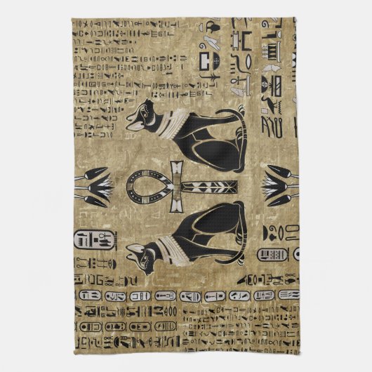 Bastet - Egyptische katten en Ankh Cross Theedoek (Verticaal)