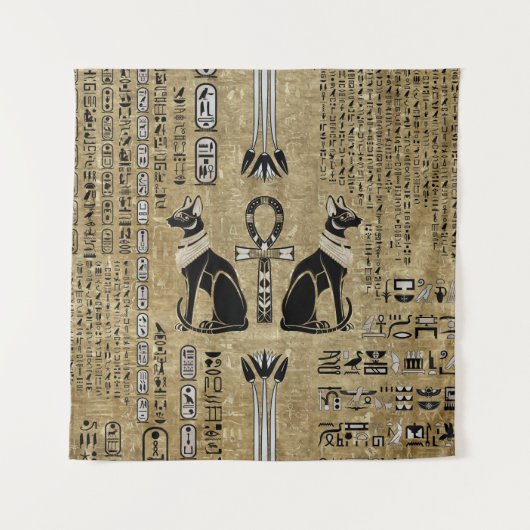 Bastet - Egyptische katten en Ankh Cross Wandkleed (Voorkant)