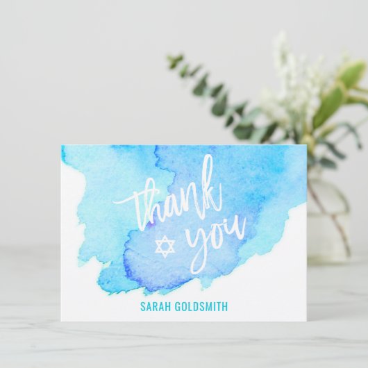 Bat Bar Mitzvah Waterverf Turquoise Blue Bedankkaart (Staand voorkant)