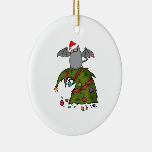 Bat Dragon Kat met Santa Hoed op Kerstboom Keramisch Ornament (Rechts)
