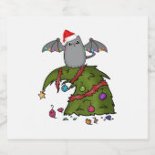 Bat Dragon Kat met Santa Hoed op Kerstboom Sparkling Wijnetiket (Enkel label)
