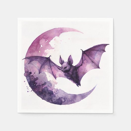 Bat en Crescent Moon Paarse Waterverf Art Servet (Voorkant)