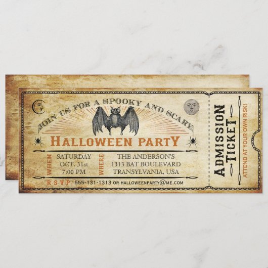 Bat Halloween Ticket Invitation Kaart (Voorkant / Achterkant)