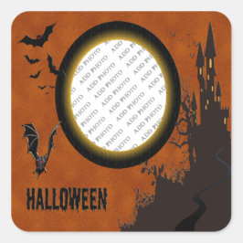 Bat, Haunted House Photo Lijst en Oranje Sky Vierkante Sticker