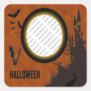 Bat, Haunted House Photo Lijst en Oranje Sky Vierkante Sticker