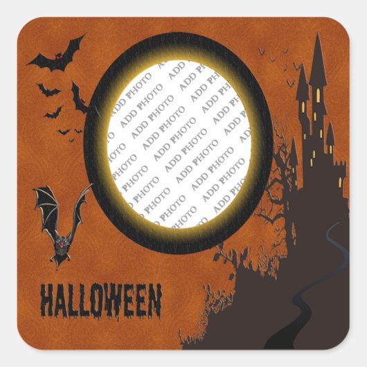 Bat, Haunted House Photo Lijst en Oranje Sky Vierkante Sticker (Voorkant)