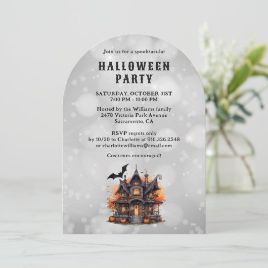 Bat Haunted House Pumpkins Halloween Party Kaart (Staand voorkant)
