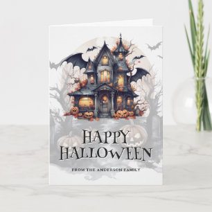Bat Haunted House Spooky Pumpkins Foto Halloween Kaart