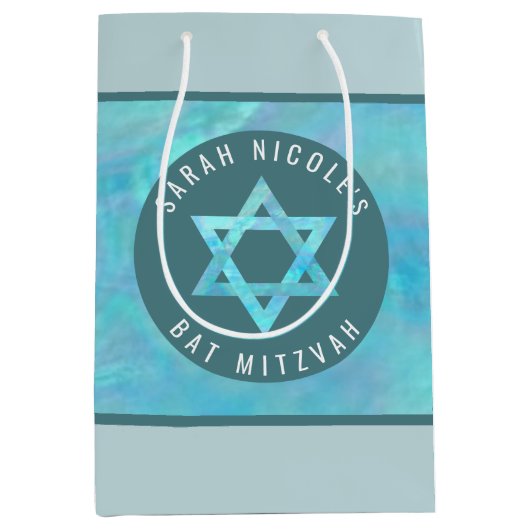 Bat Mitswa Blue Opal Magen David gepersonaliseerd Medium Cadeauzakje (Voorkant)