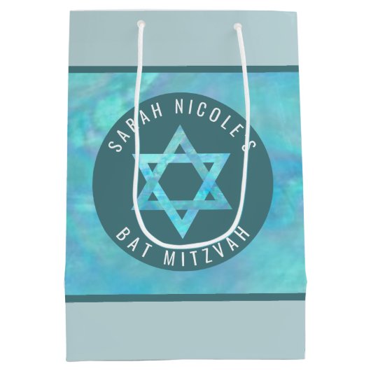 Bat Mitswa Blue Opal Magen David gepersonaliseerd Medium Cadeauzakje (Achterkant)