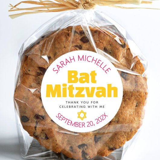 Bat Mitswa Geel Vetgedrukte Hot Pink Typografie Co Ronde Sticker