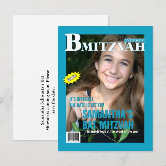 Bat Mitswa Magazine Bewaar de datum Blauwgroen Aankondigingskaart (Voorkant / Achterkant)
