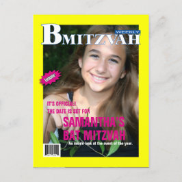 Bat Mitswa Magazine Bewaar de datum geel roze Aankondigingskaart